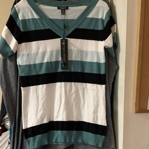 Women's Striped V-Neck Top - Teal, Black, and White. Size Small NWT